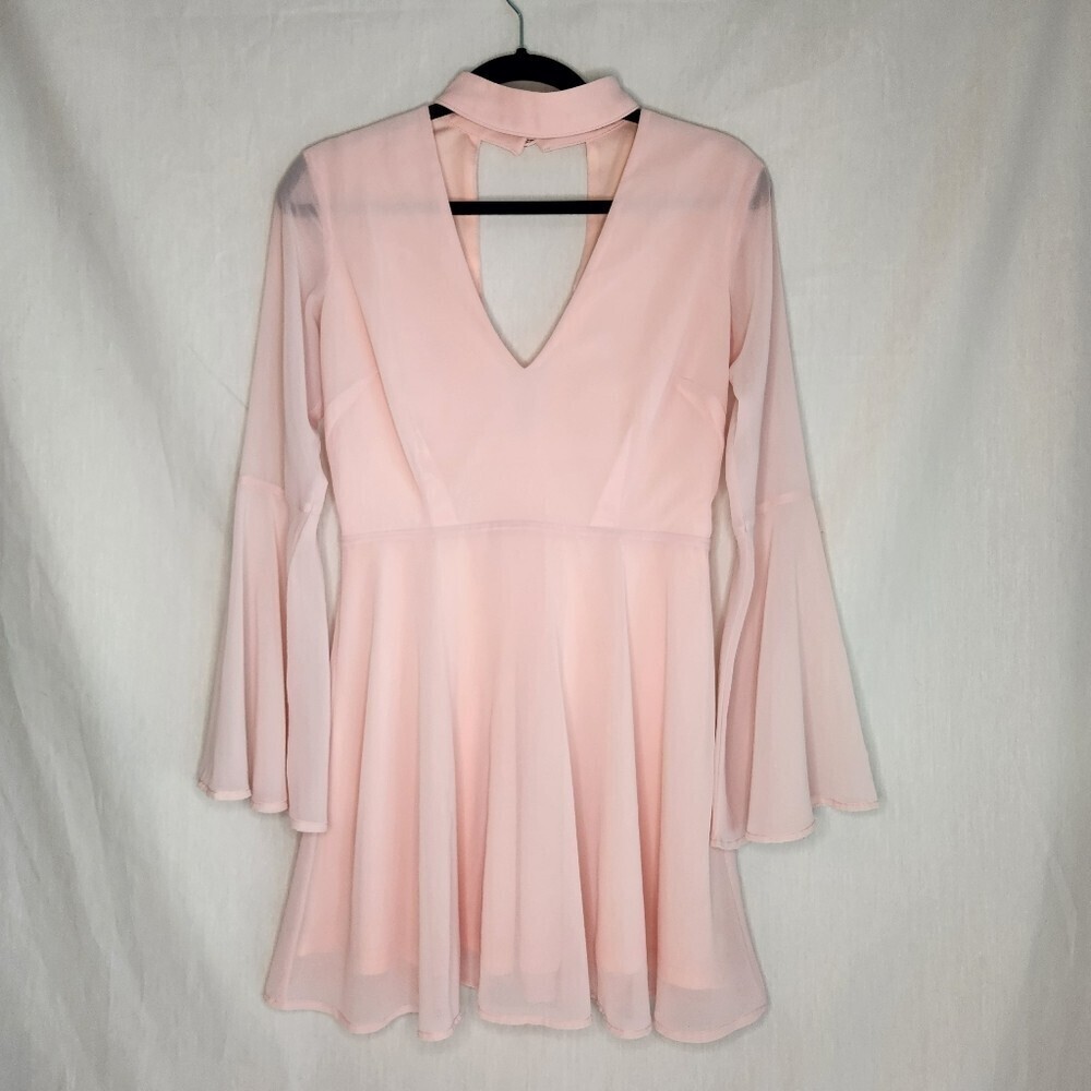 A'GACI Soft Pink Mini Dress Size M Sheer Bell Sleeves. Cottage Core